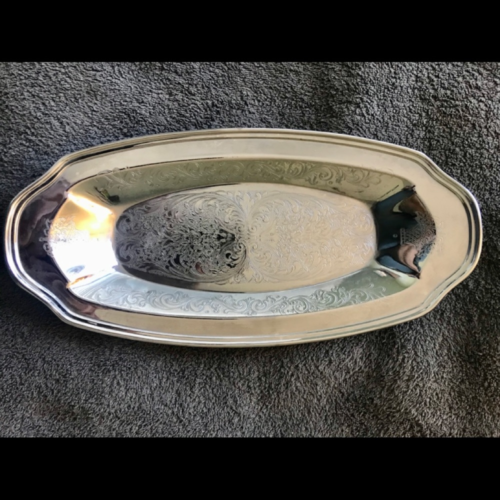 VINTAGE STAINLESS STEEL “ENGRAVED” SERVING TRAY